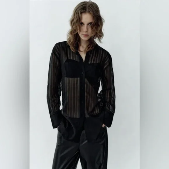 Zara OVERSIZED STRIPED ORGANZA SHIRT. Black. Size XS-S. New with Tags. - Picture 1 of 9